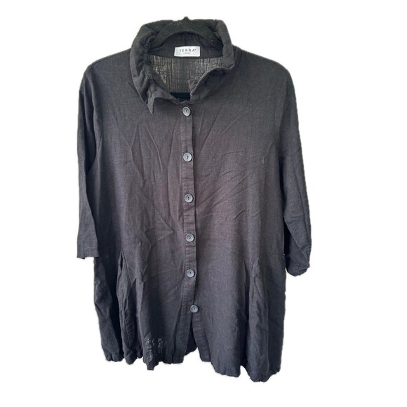 Terra SJ Apparel Linen Cotton Blend Ruffle Collar Button Down Swing Shirt M - Picture 1 of 8